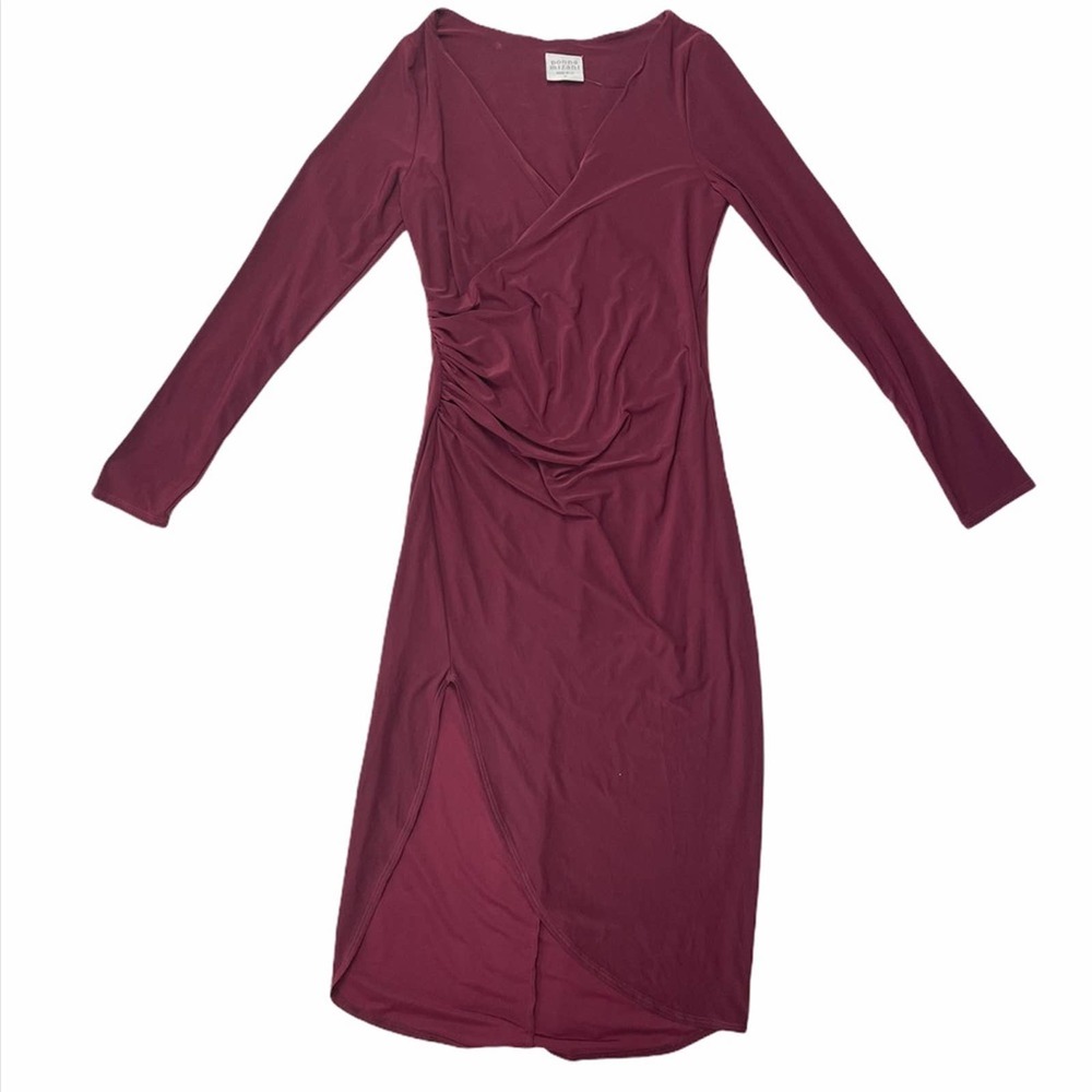 Donna Mizani | Red V-Neck Long Sleeve Ruched Sasha Midi Dress - Picture 2 of 13